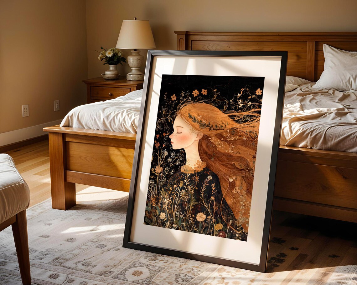 Redhead Woman Wildflower Dark Floral Portrait Moody Bloom Poster