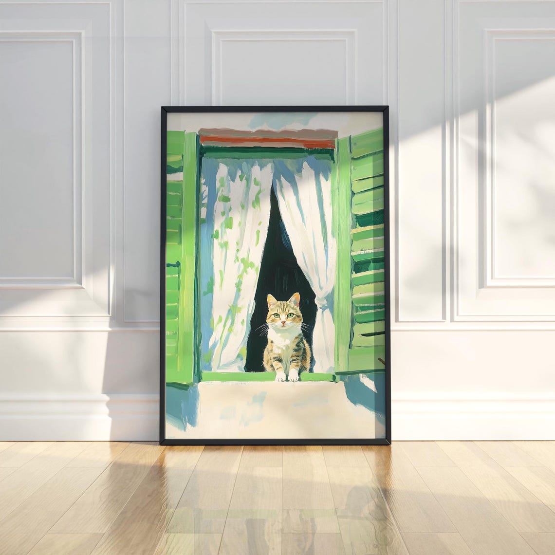 Cat in Green Shuttered Window White Curtain Impressionist Poster