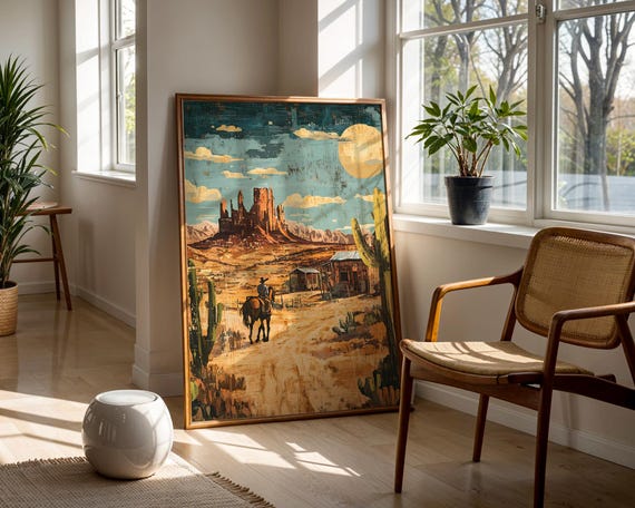Cowboy Desert Wall Art Western Landscape Rustic Illustration Vintage Country Scene Print Trendy Prints Poster