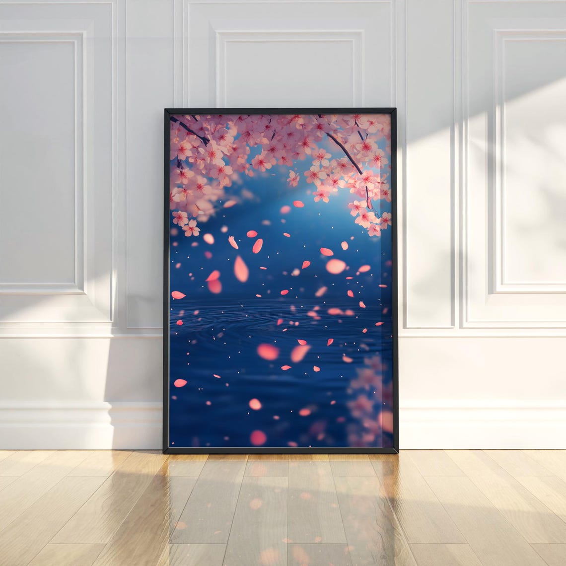 Japanese Cherry Blossom Petals Falling Over Deep Blue Water Poster