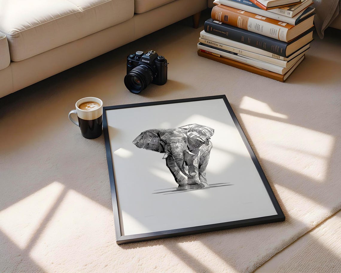 Elephant Ink Sketch Line Art Simple Animal Illustration Draw Trendy Poster Wall Print Modern Home Decor Gift - Image 6