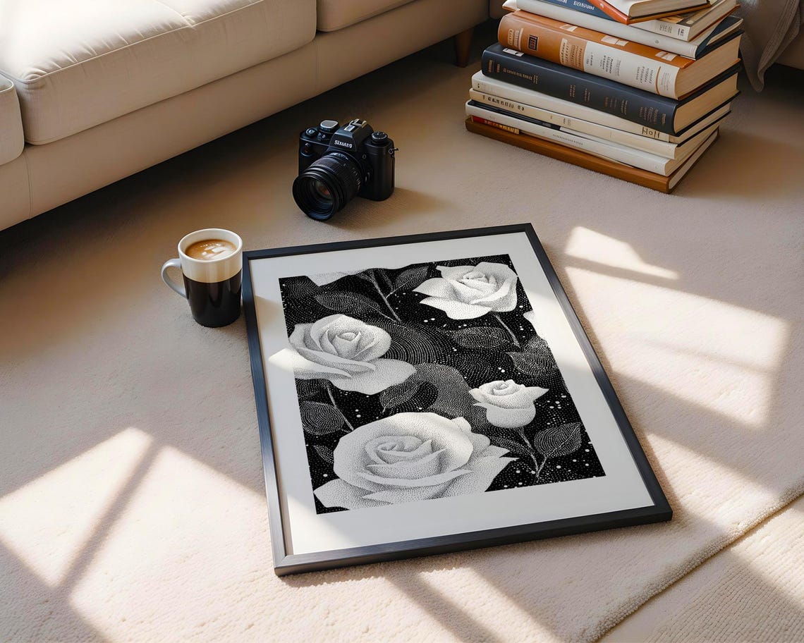 Dramatic White Roses On Black Stipple Art Floral Pointillism Poster - Image 6