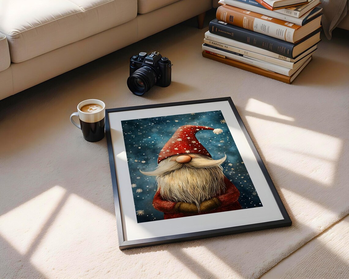 Festive Christmas Gnome In Red Hat Amid Falling Snowflakes Poster - Image 4