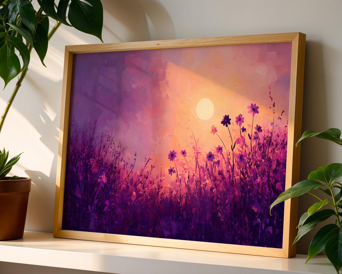 Purple Wildflower Field Sunset Moon Abstract Landscape Poster - Image 4