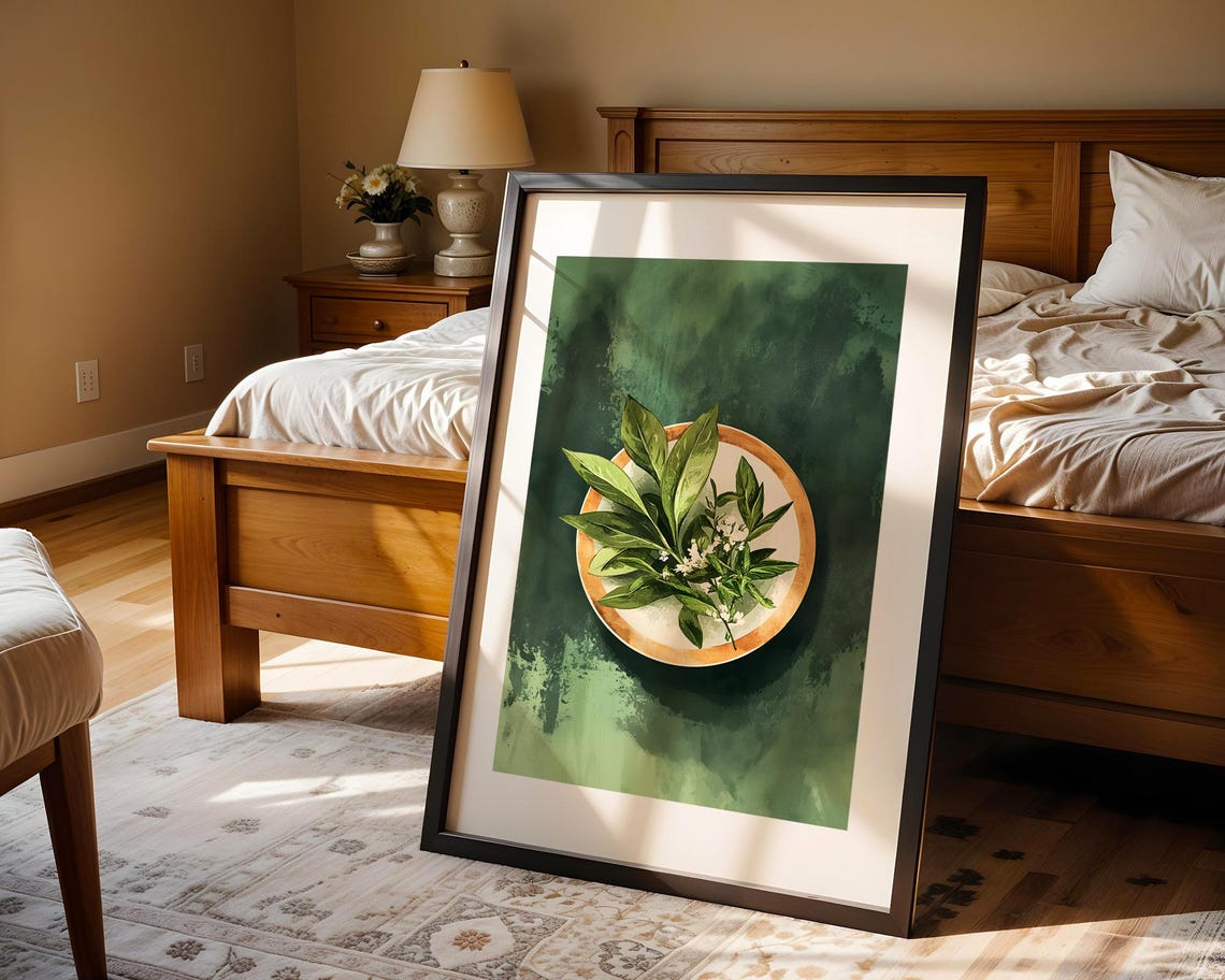 Green Leafy Plant Copper Bowl Overhead Botanical Still Life Wall Art - Image 4
