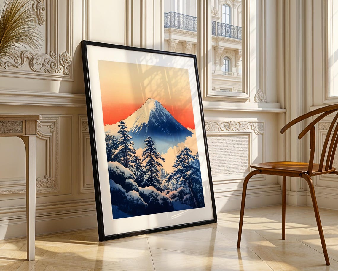 Snowy Mount Fuji Winter Red Sky Japanese Woodblock Art Poster - Image 3