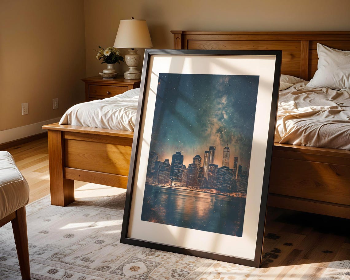 Manhattan Night Skyline Starry Sky Water Reflection City Art Poster - Image 3