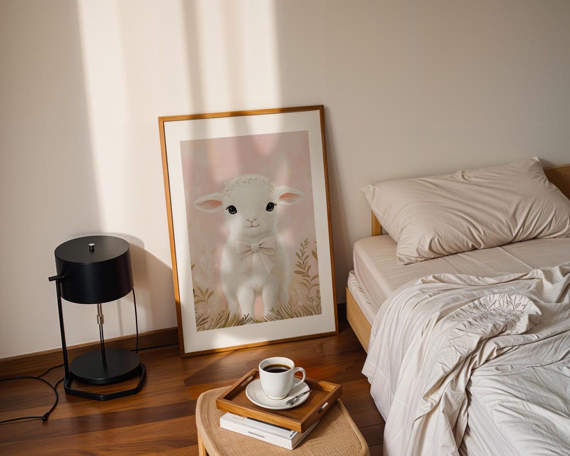 Sweet White Lamb With Pink Bow Soft Pink Baby Nursery Wall Art - Image 2