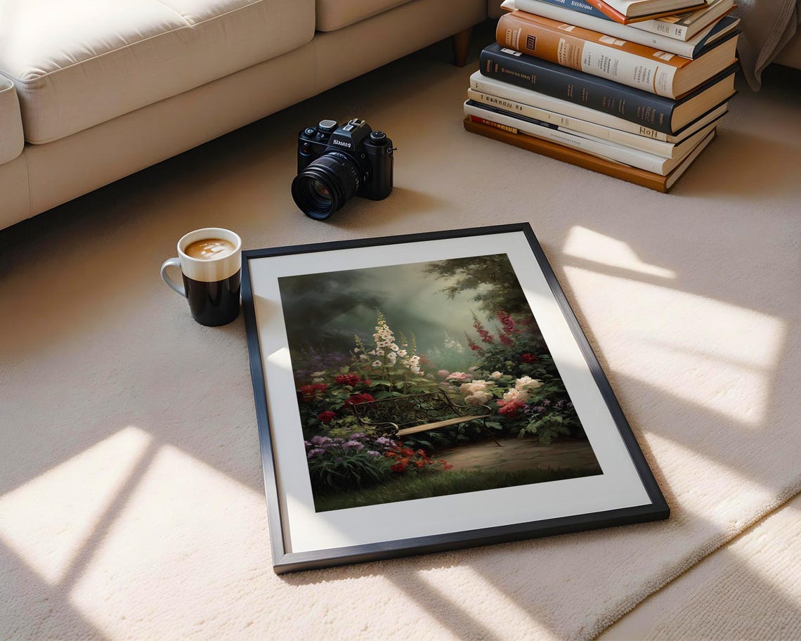 Misty Flower Garden with Iron Bench Romantic Painting Poster - Image 5