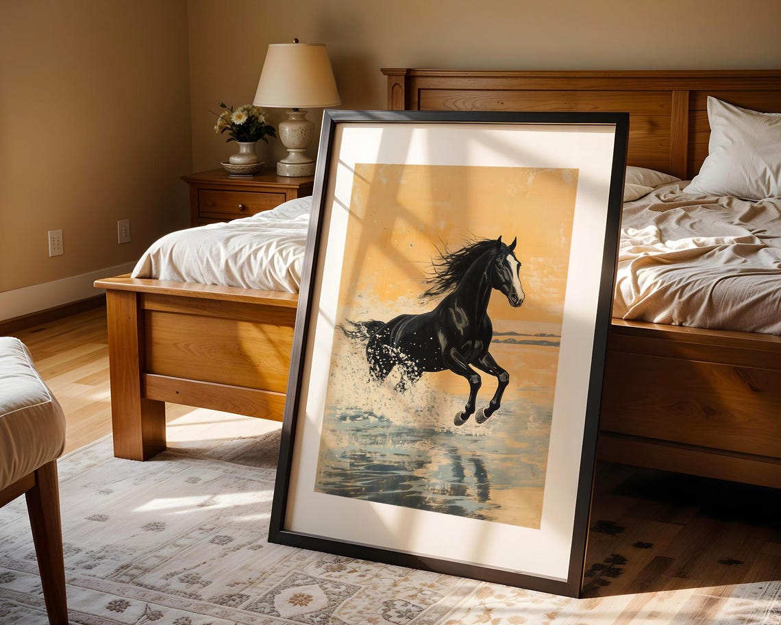 Black Horse Galloping Through Water Golden Sky Painting Poster - Image 4