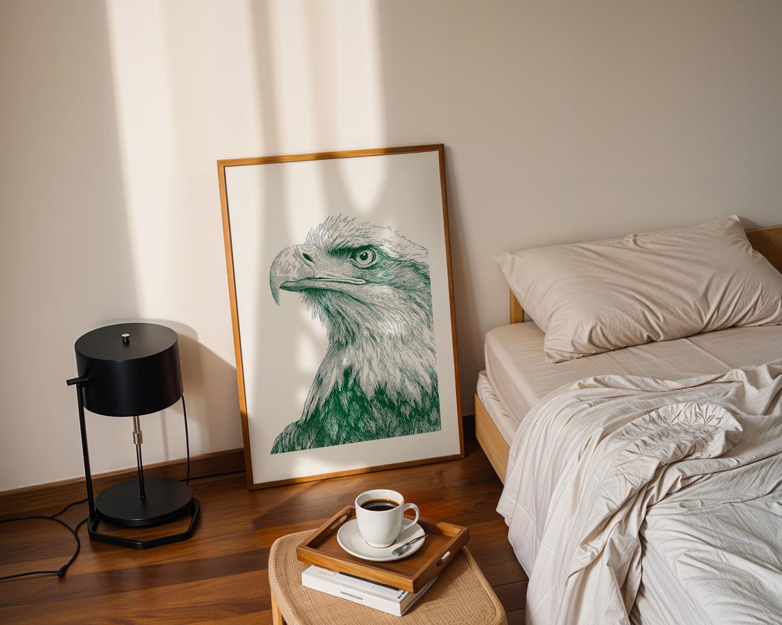 Bald Eagle Head Green Ink Engraving Style Wildlife Portrait Poster - Image 3