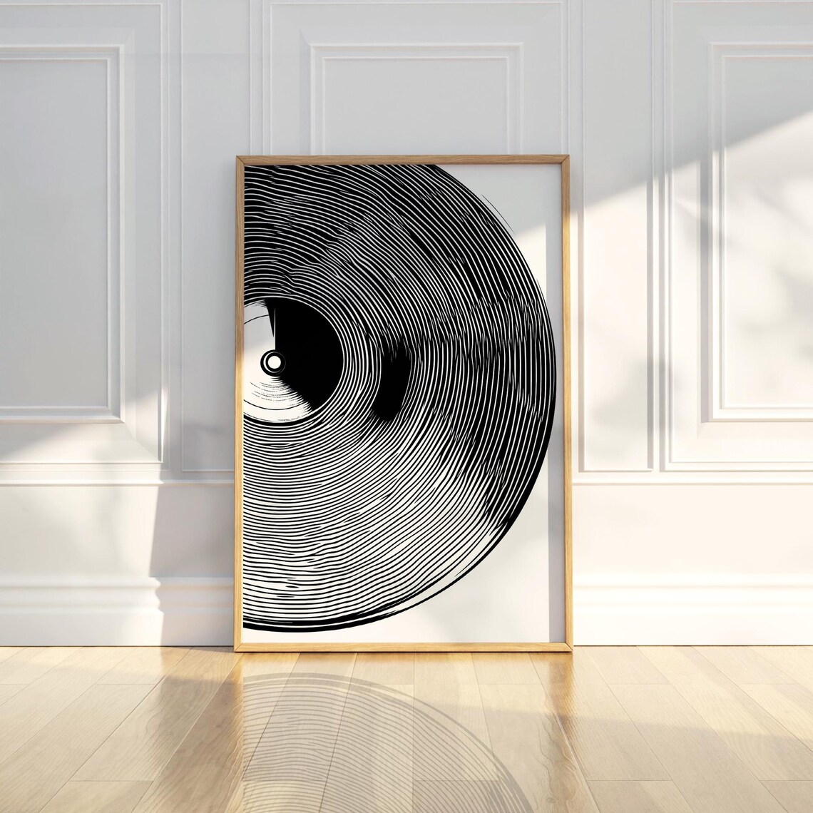 Vinyl Record Close Up Modern Black And White Line Art Music Poster