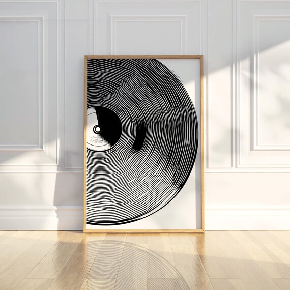 Vinyl Record Close Up Modern Black And White Line Art Music Poster