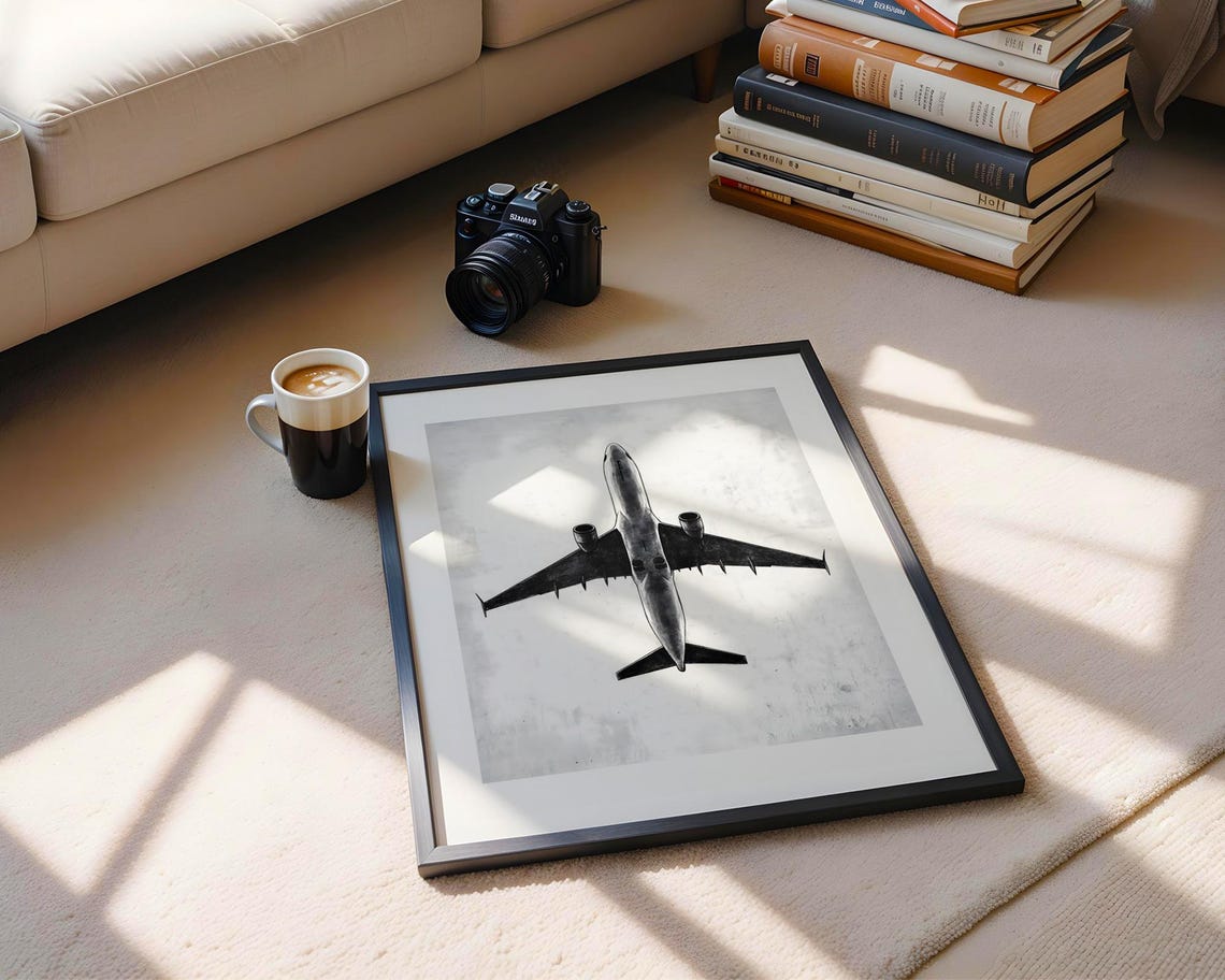 Airplane Top View Black White Sketch Aviation Wall Decor Art Poster - Image 6