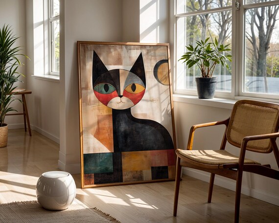 Geometric Cat Abstract Painting Trendy Wall Art Modern Prints Bathroom Decor Room Maximalist Print