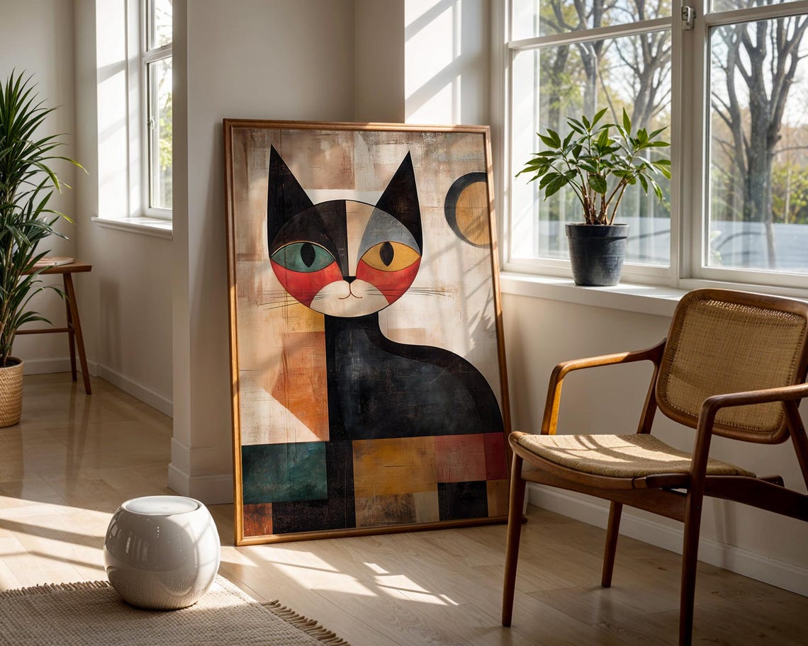 Geometric Cat Mid Century Modern Cubist Style Animal Art Poster