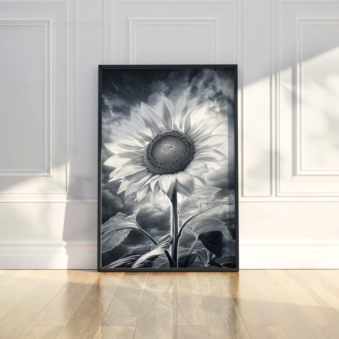 Sunflower Bloom Against Stormy Sky Black and White Photo Poster