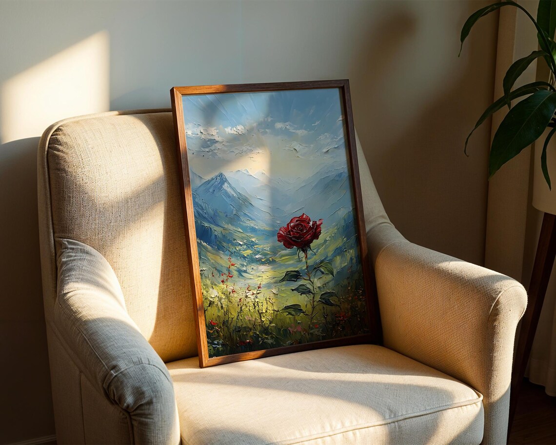 Red Rose Mountain Landscape Oil Painting Romantic Art Poster - Image 2