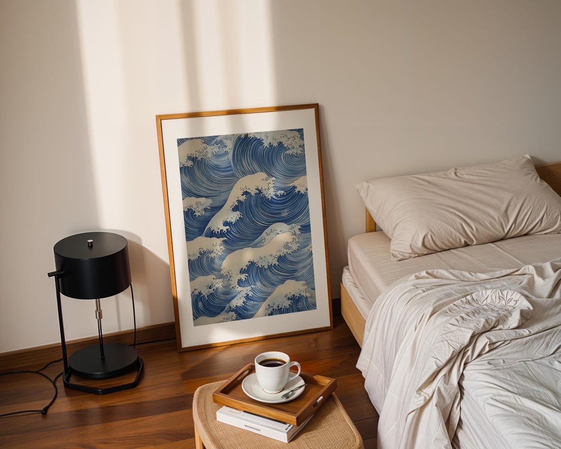 Japanese Blue Ocean Wave Pattern Poster in Classic Ukiyo-e Style - Image 2