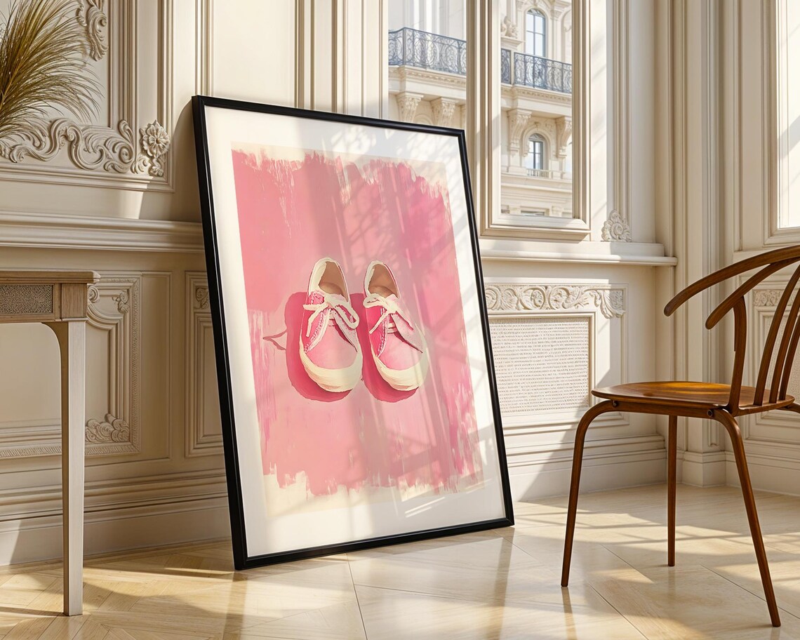 Pink Baby Sneakers Watercolor Style On Blush Pink Background Poster