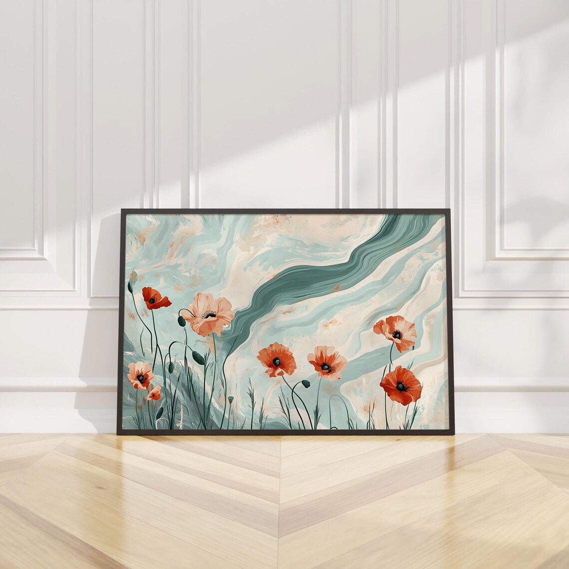 Coral Poppies Teal Marble Waves Modern Botanical Floral Wall Art