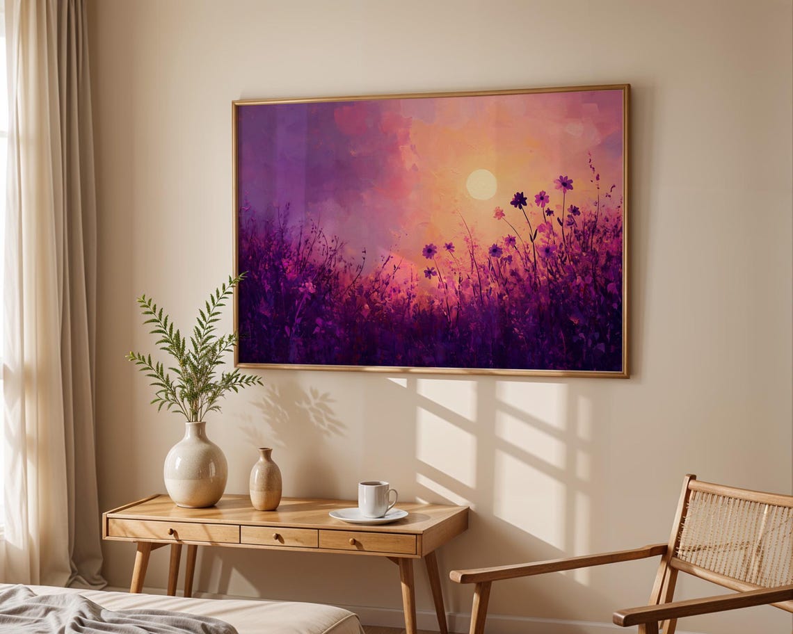 Purple Wildflower Field Sunset Moon Abstract Landscape Poster - Image 5