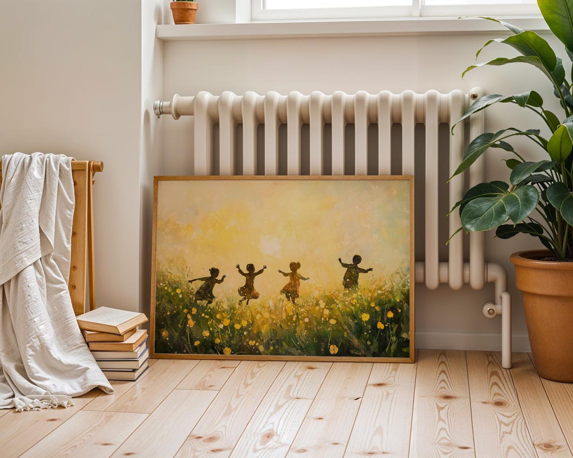 Children Dancing Golden Flower Field Sunset Nostalgic Artwork Poster - Image 5