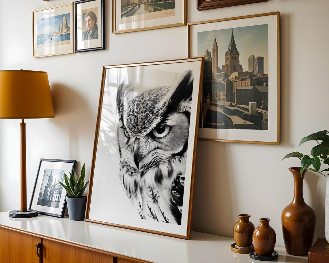 Intense Great Horned Owl Closeup Monochrome Wildlife Sketch Poster - Image 4