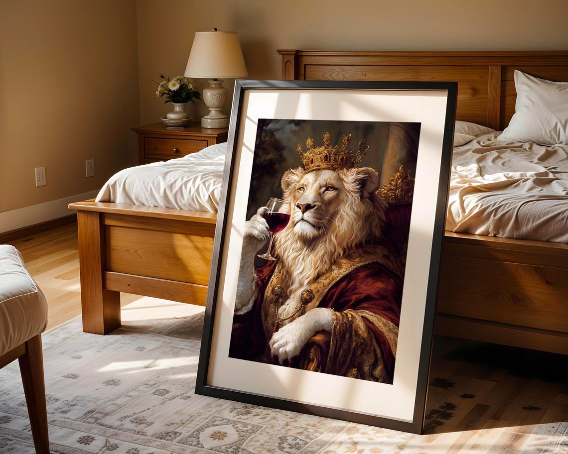 White Lion King Crown Wine Glass Regal Royal Animal Art Poster - Image 3