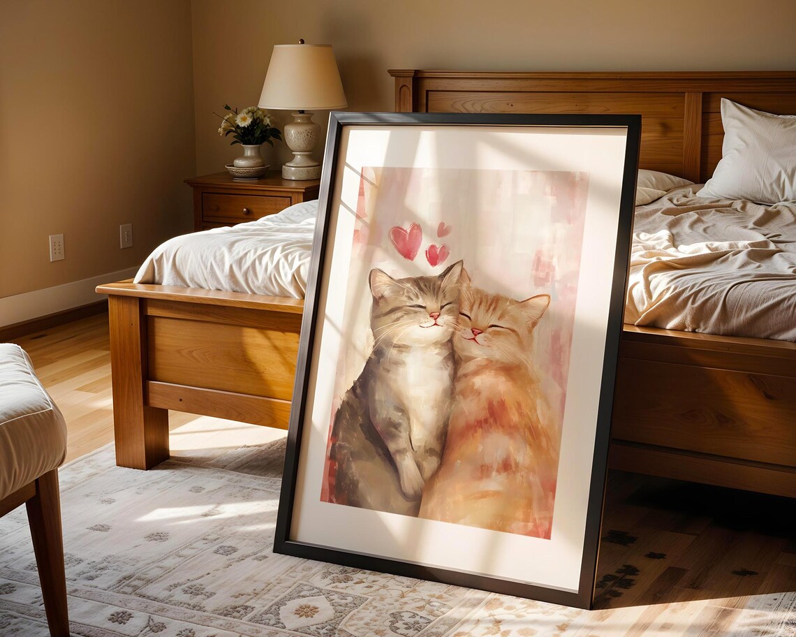Two Cats Cuddling Pink Hearts Watercolor Cute Kitten Love Art Poster