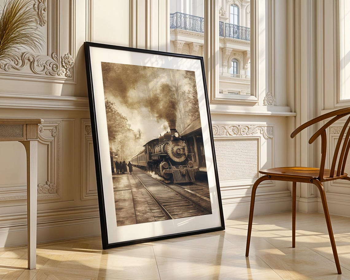 Vintage Steam Train At Historic Station Rustic Railway Painting Poster - Image 3