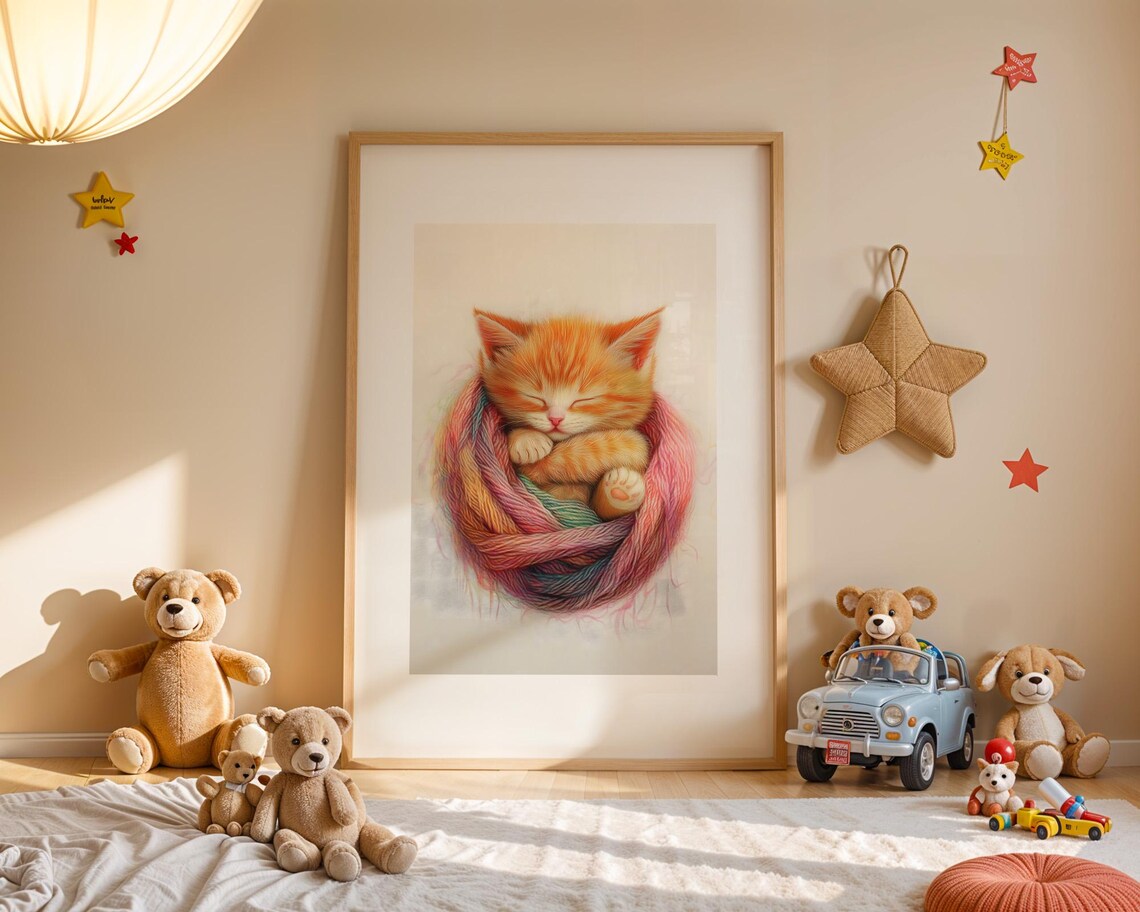Cute Sleeping Orange Kitten Curled in Rainbow Yarn Ball Poster - Image 3