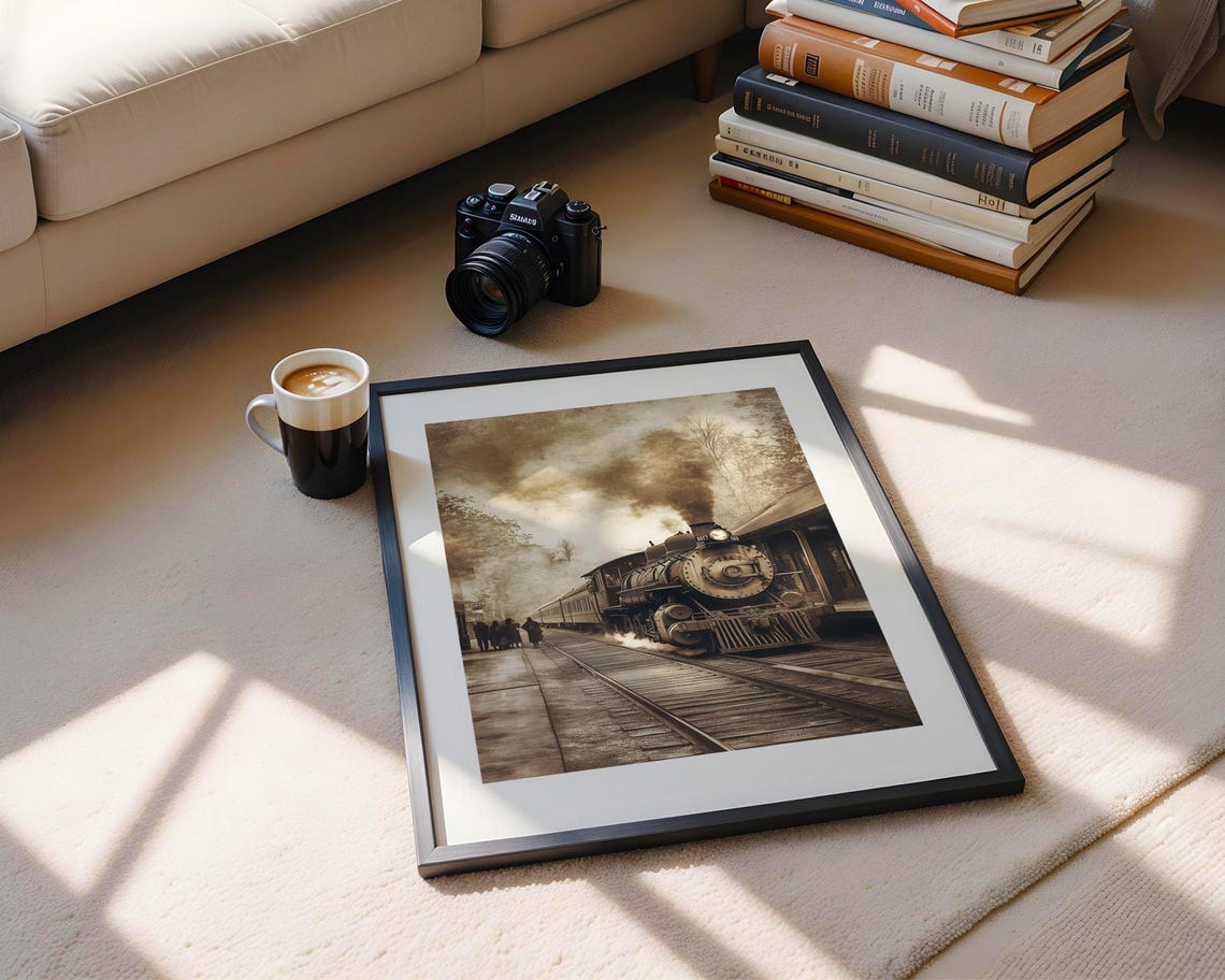 Vintage Steam Train At Historic Station Rustic Railway Painting Poster - Image 4