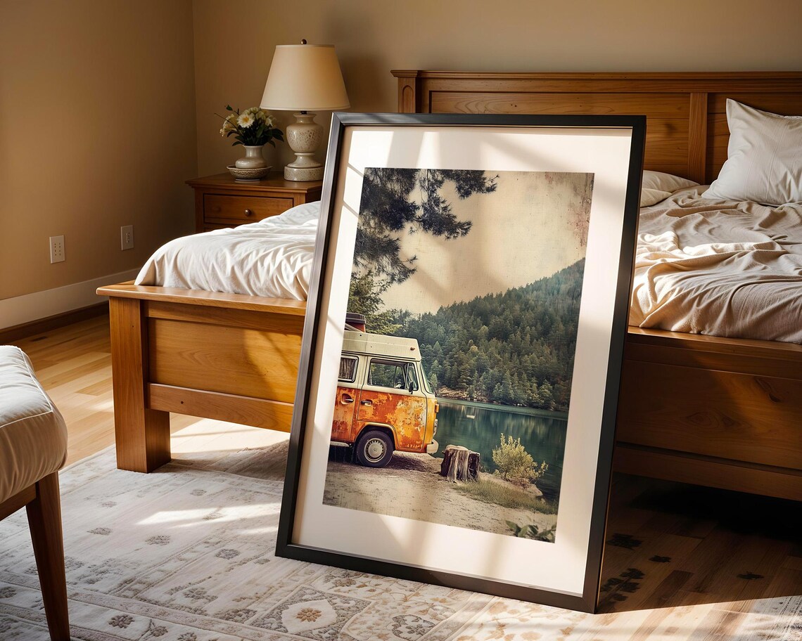 Vintage Camper Van Lakeside Mountain Travel Road Trip Poster - Image 4