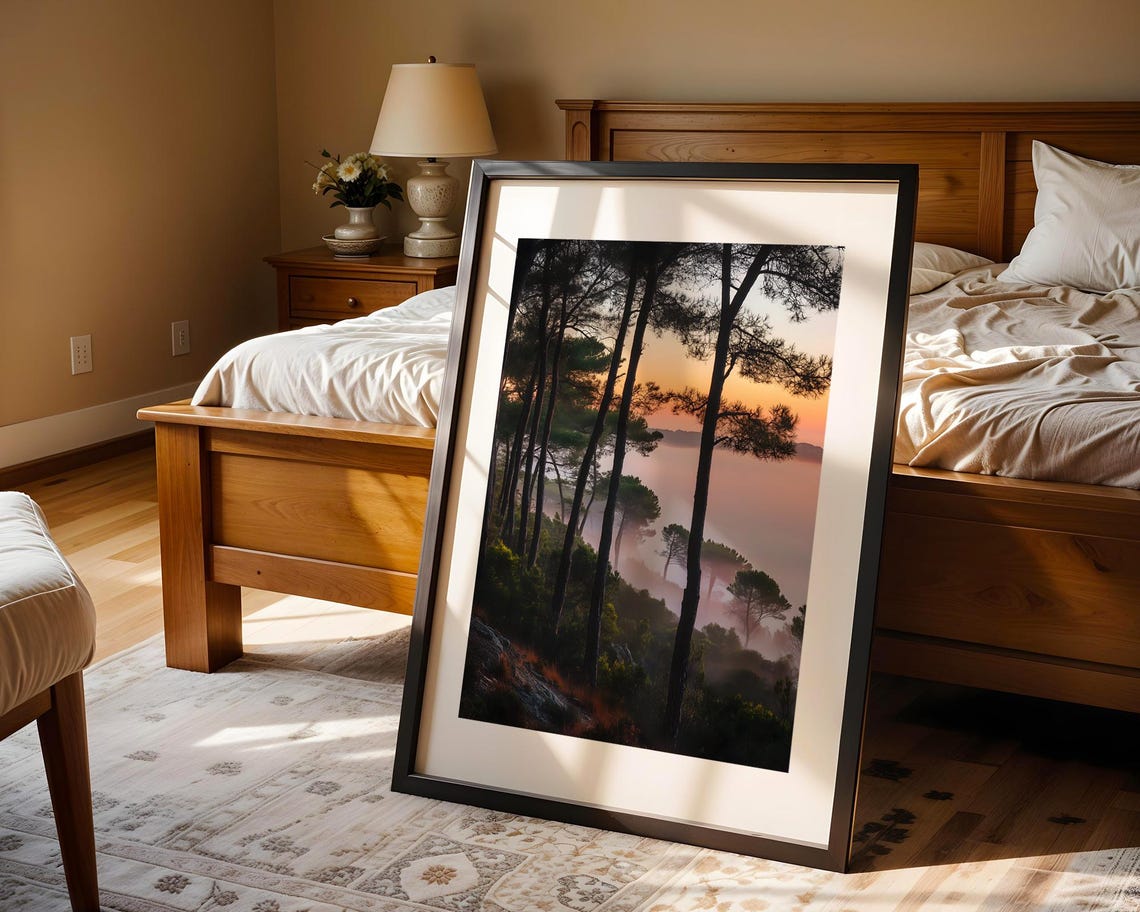 Atmospheric Misty Pine Forest Sunrise Foggy Valley Landscape Poster - Image 4