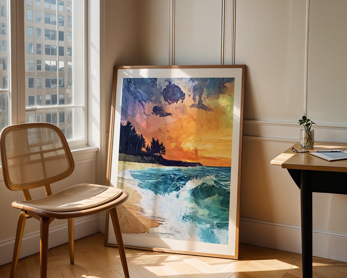 Bold Coastal Sunset Waves Ocean Beach Abstract Painting Poster - Image 3