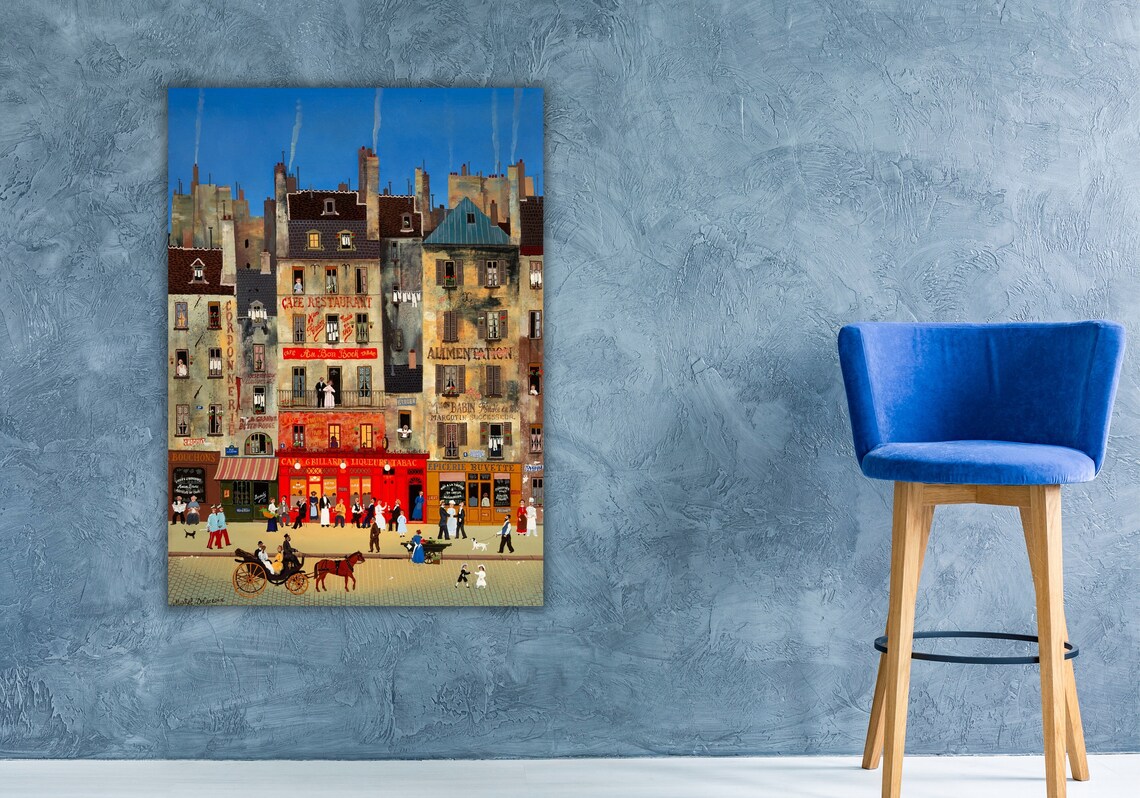 Naive Paris Street Cafe Scene Horse Carriage Folk Art Poster - Image 3