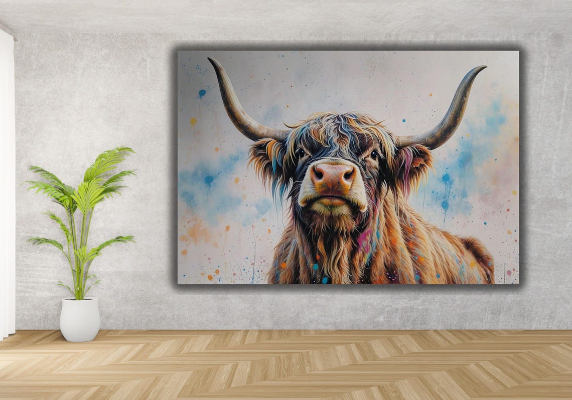 Highland Cow Watercolor Portrait With Colorful Paint Splashes Poster - Image 3