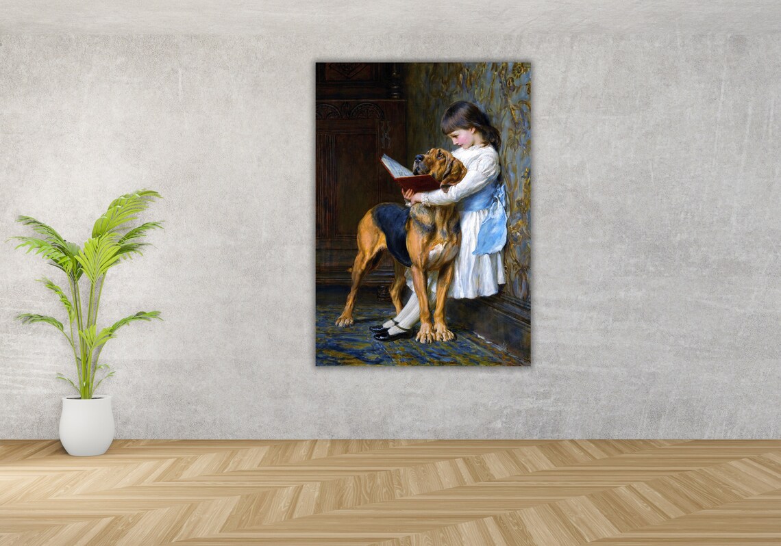 Classic Victorian Girl Reading Book to Bloodhound Dog Art Poster - Image 3