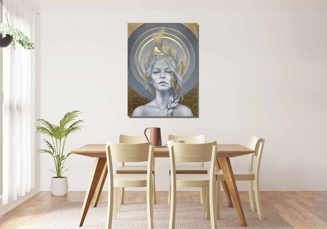 Gold Girl Metallic Portrait Wheat Stalks Golden Bird Luxury Wall Art - Image 2