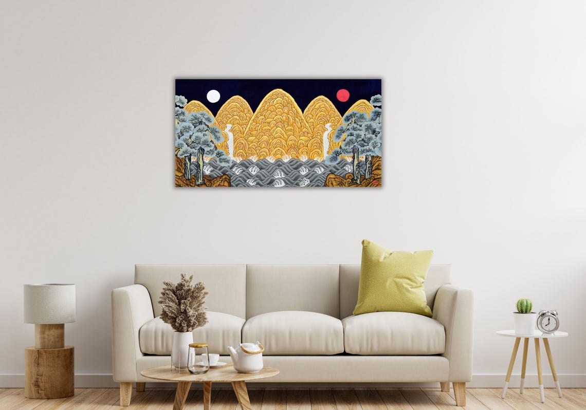 Korean Five Peak Folk Landscape Gold Mountains Moon Sun Waves Poster - Image 2
