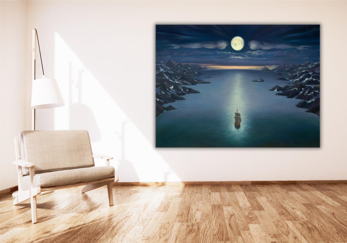 Lone Ship Under Full Moon Night Sea Mountains Moonlight Art Poster - Image 3