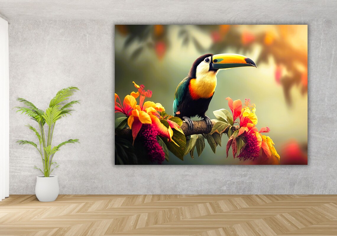 Colorful Toucan on Tropical Flower Branch Rainforest Art Poster - Image 3