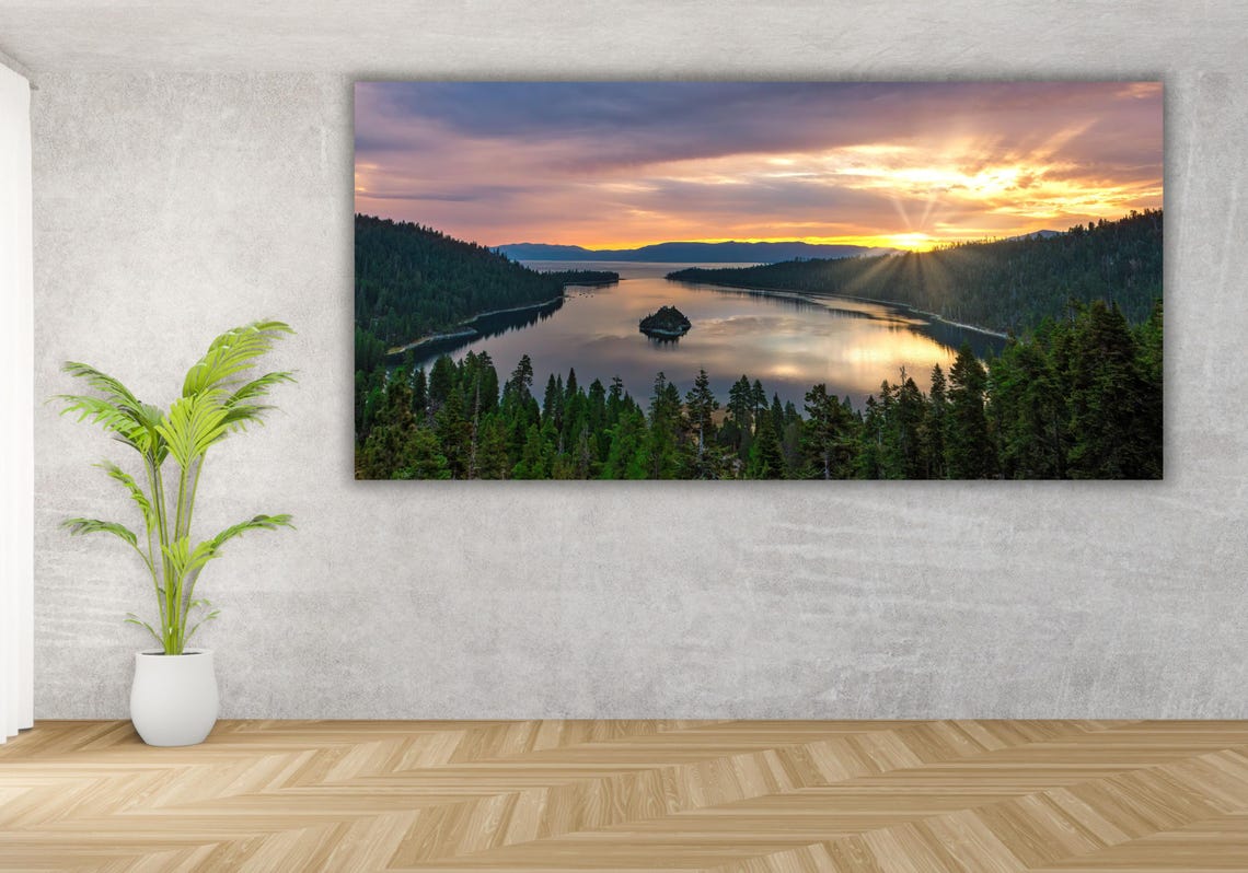 Mountain Lake Sunset Pine Forest Island Reflection Scenic Poster - Image 3