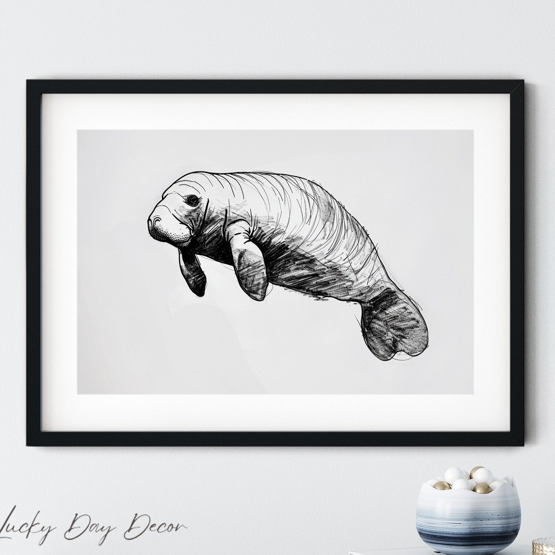 Black and White Manatee Sketch Minimalist Sea Life Art Poster