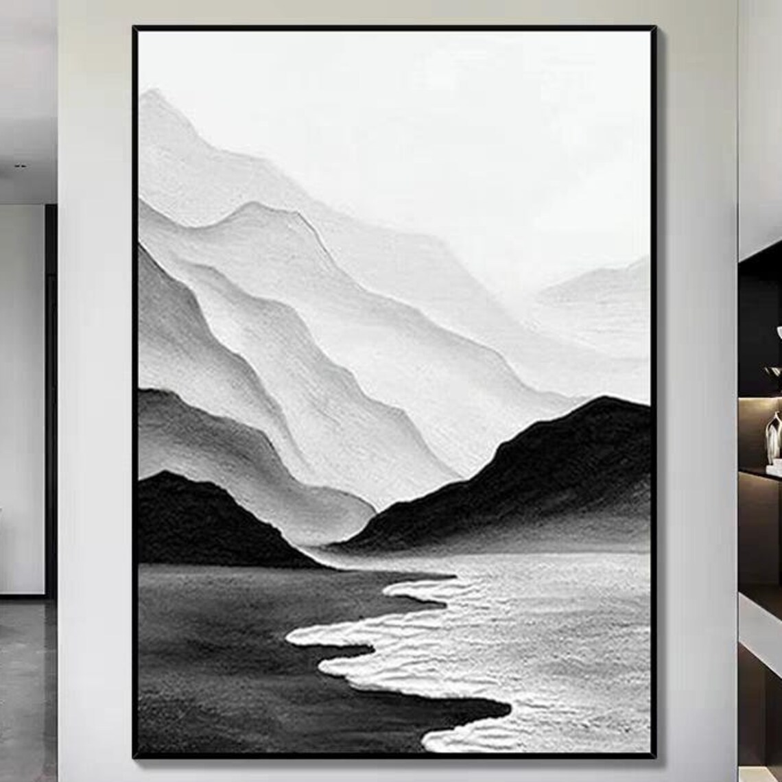 Layered Mountain Ridges Above Calm Lake Monochrome Landscape Poster