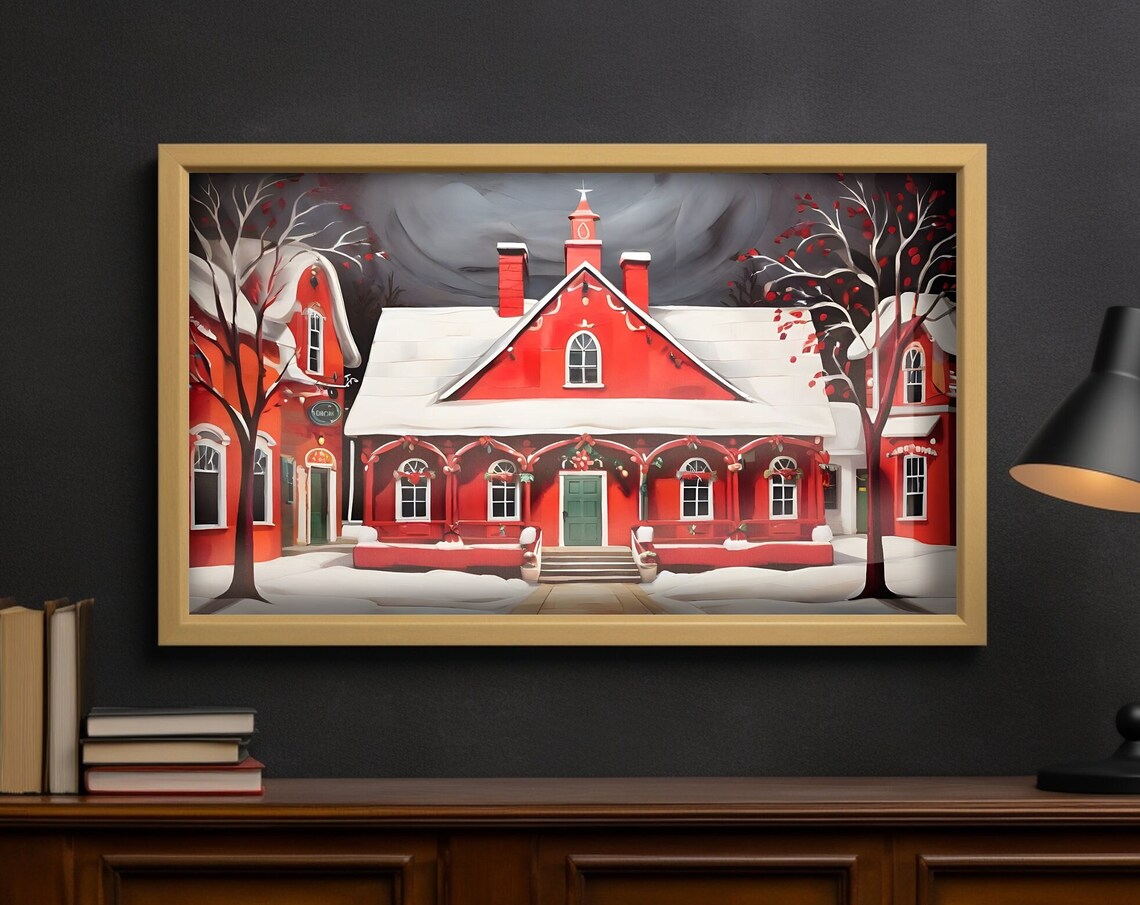 Folk Art Red Christmas House Snowy Night Wreaths Holiday Poster
