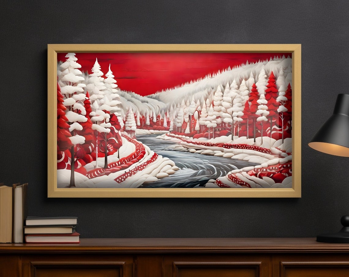 Folk Art Red White Forest River Snowy Sky Winter Landscape Poster