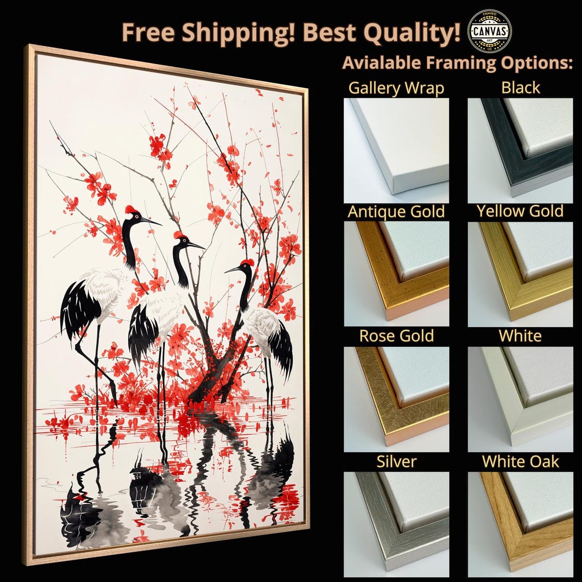Red Crowned Cranes Red Cherry Blossom Water Reflections Poster - Image 4