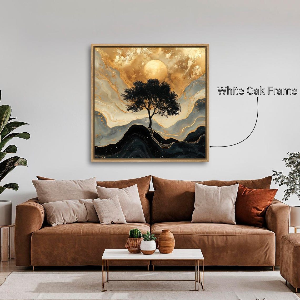 Black Tree Silhouette Golden Moon Surreal Marble Sky Wall Poster - Image 2